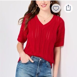 Lety & Me Red V-Neck Crocheted Sweater Tee